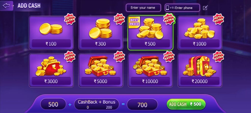 Teen Patti Diya Add Cash